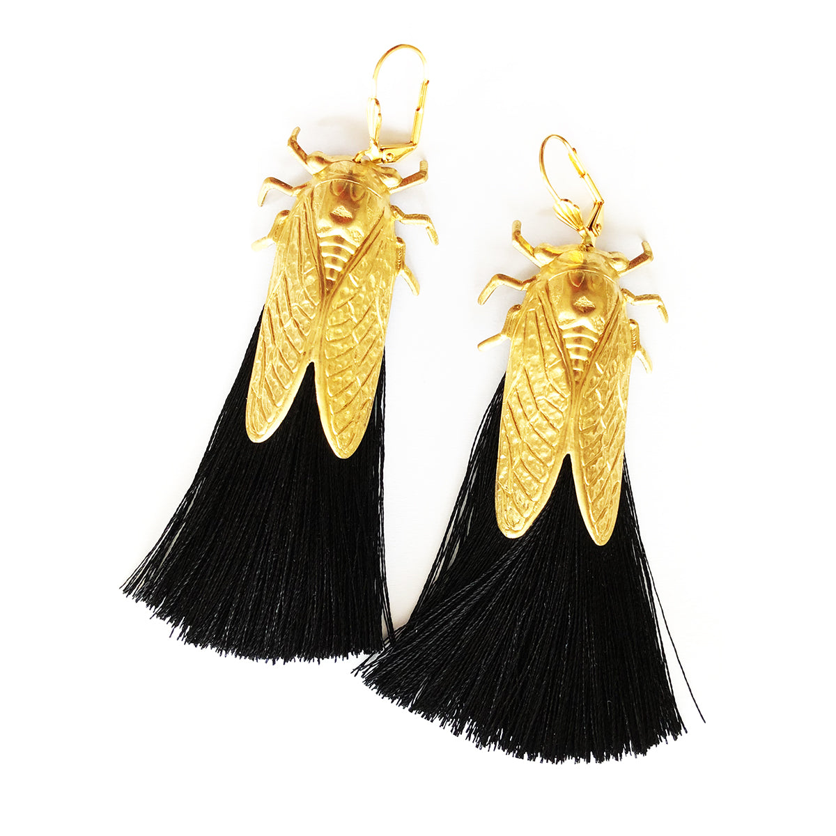 Cicada bug earrings with silky tassels