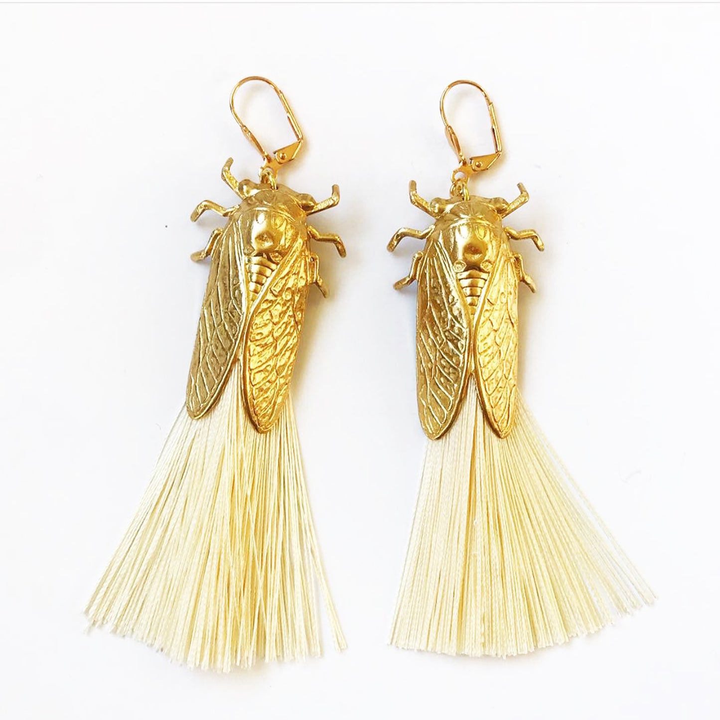 Cicada bug earrings with silky tassels