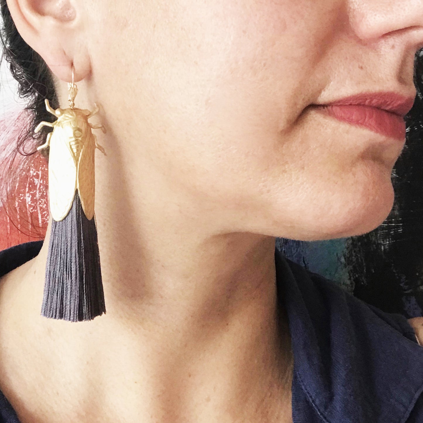 Cicada bug earrings with silky tassels