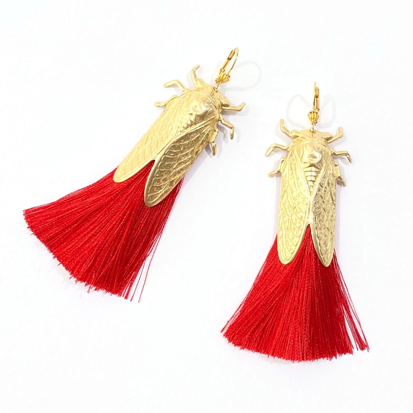 Cicada bug earrings with silky tassels