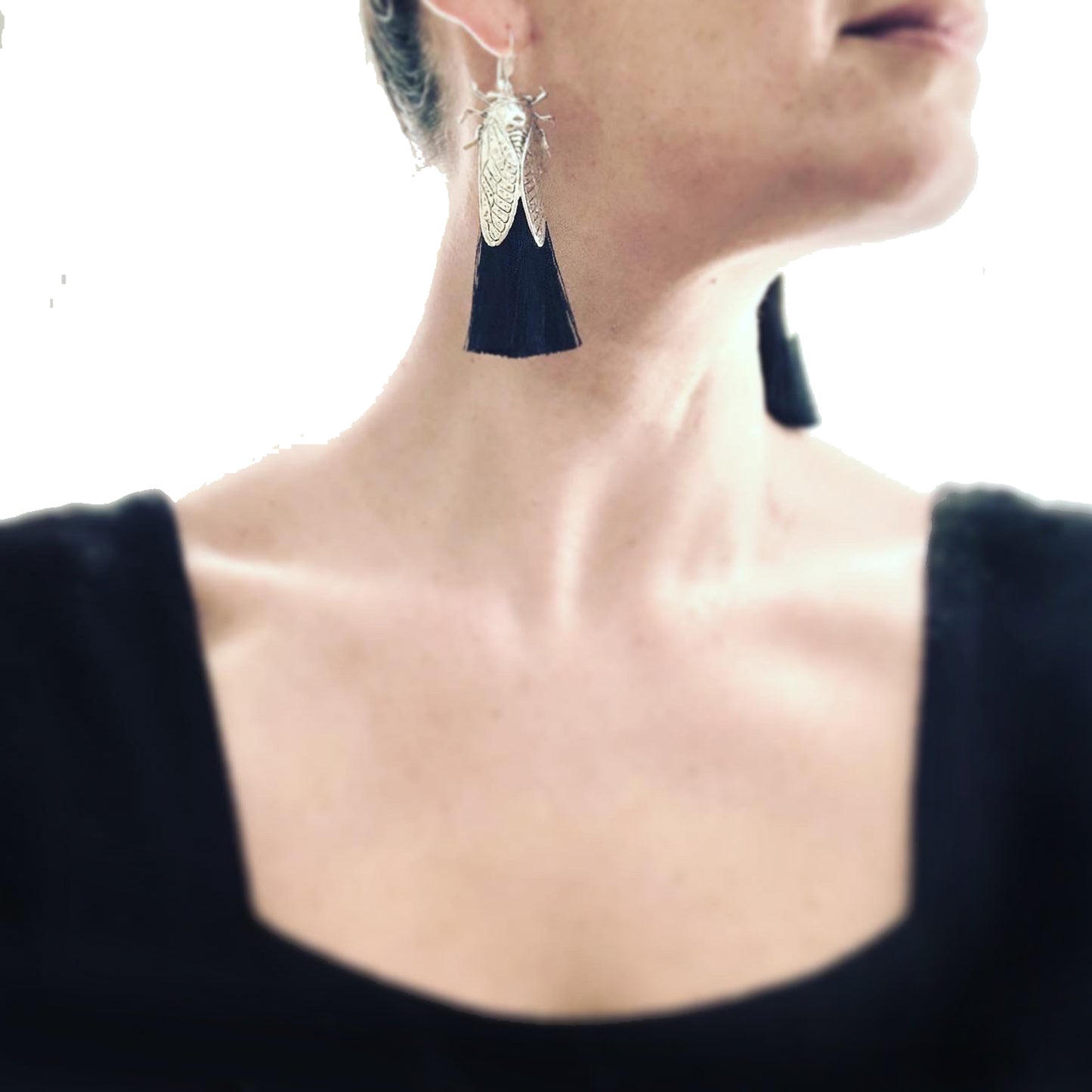 Cicada bug earrings with silky tassels