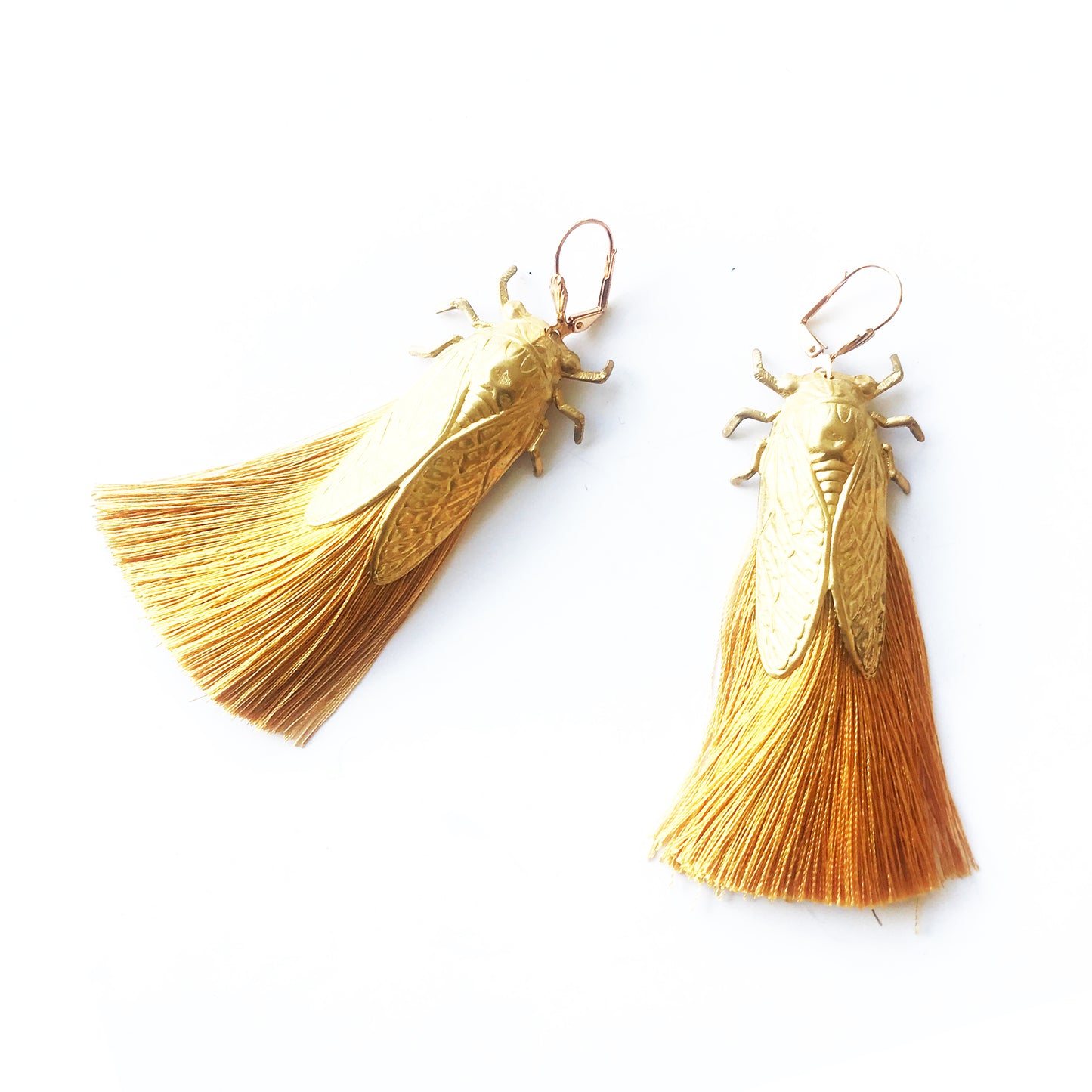 Cicada bug earrings with silky tassels
