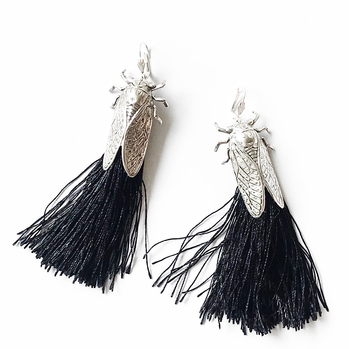 Cicada bug earrings with silky tassels