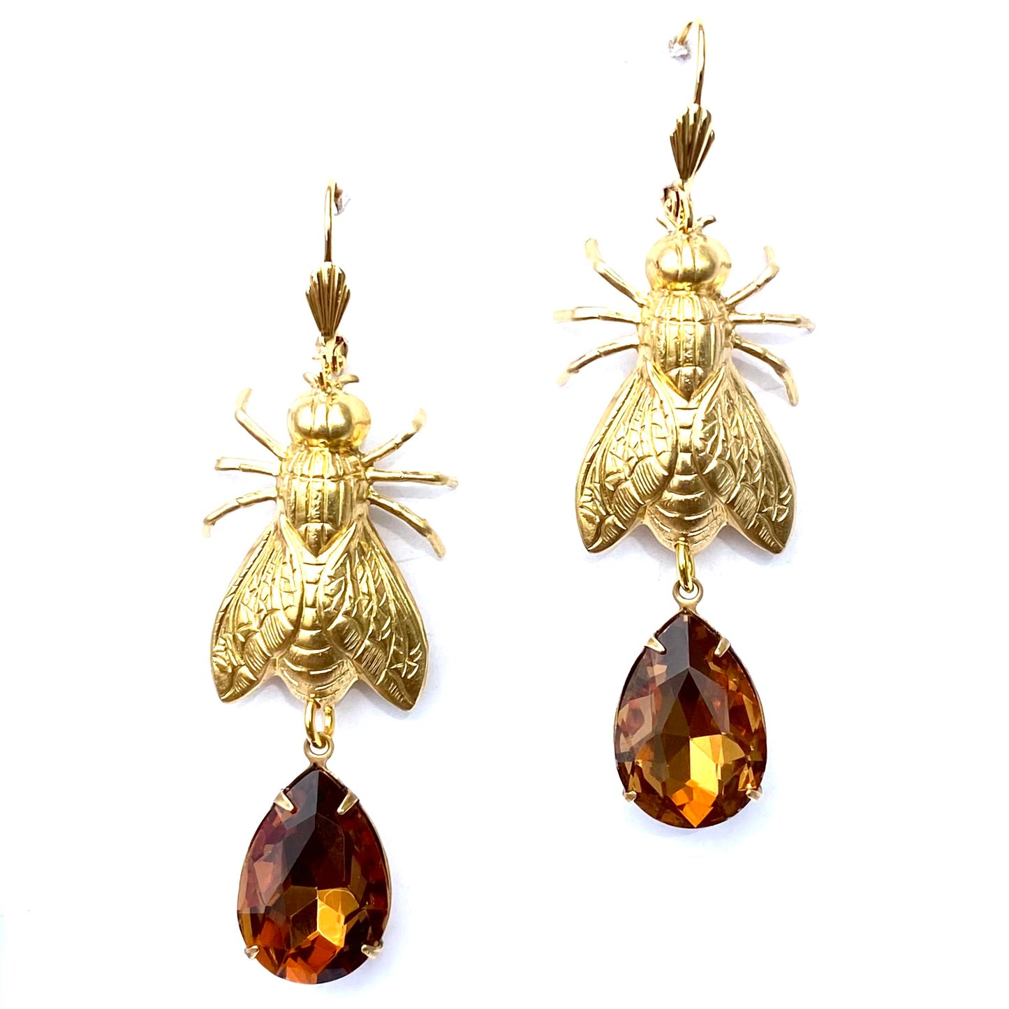 Brass Bee / Fly bug earrings with vintage gems
