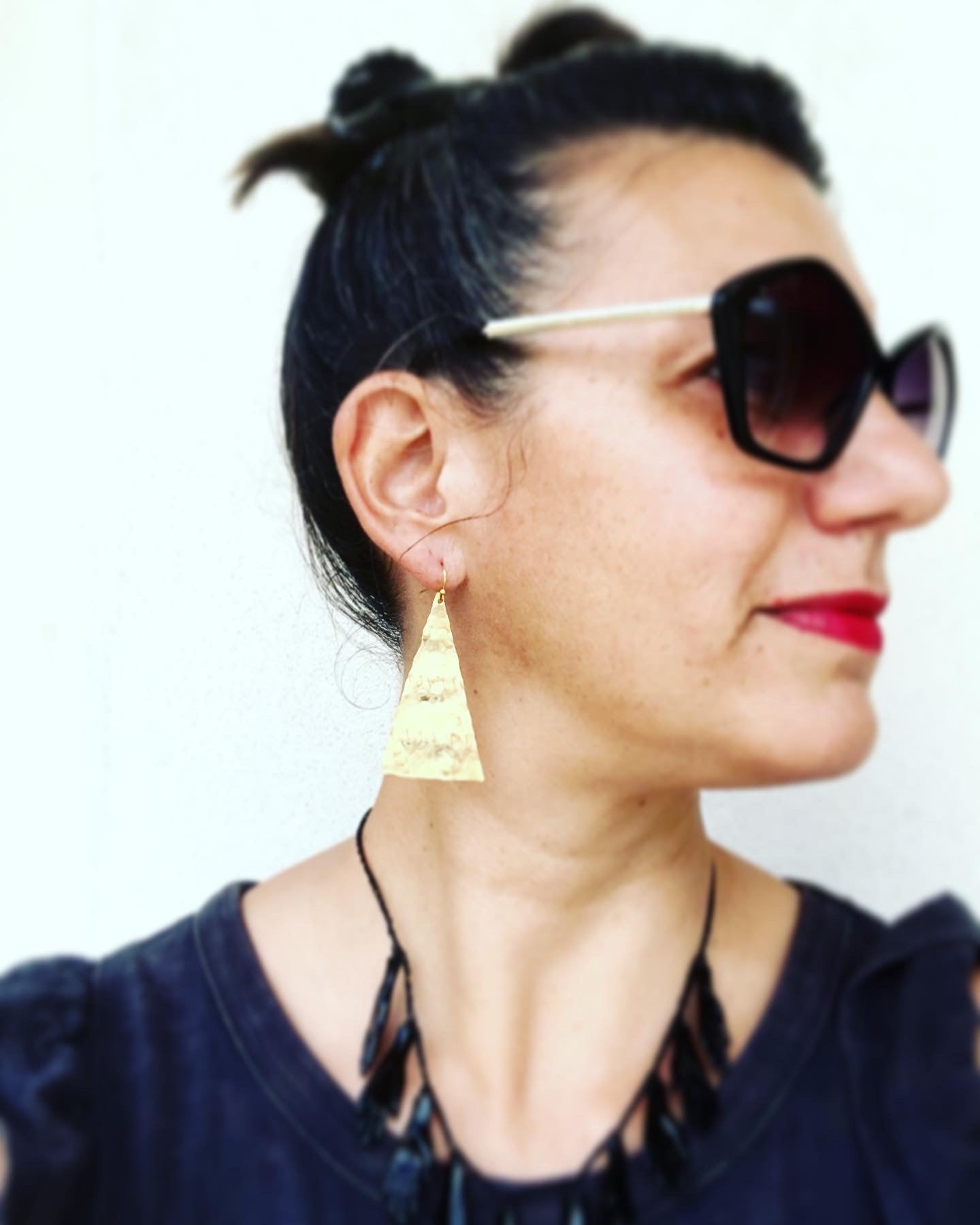 Modern hand hammered tribal triangles earrings