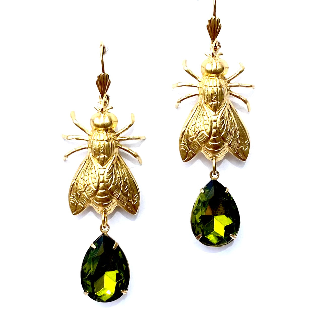 Brass Bee / Fly bug earrings with vintage gems