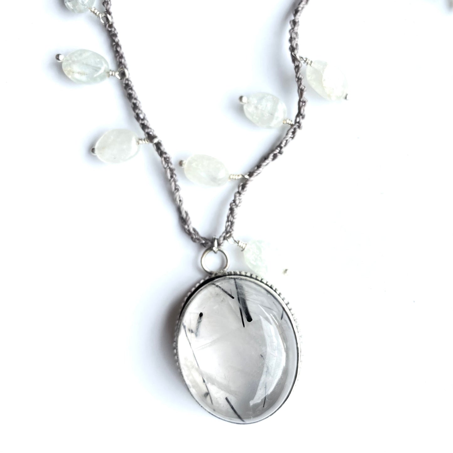 Rutile pendant with quartz crochet necklaces