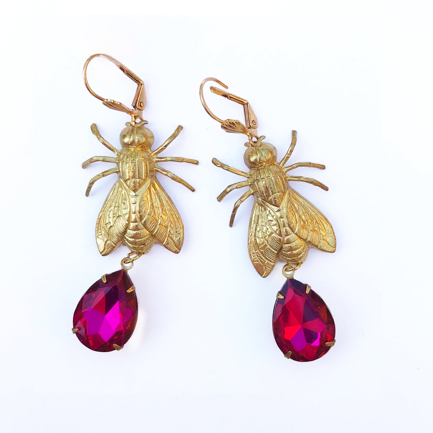 Brass Bee / Fly bug earrings with vintage gems