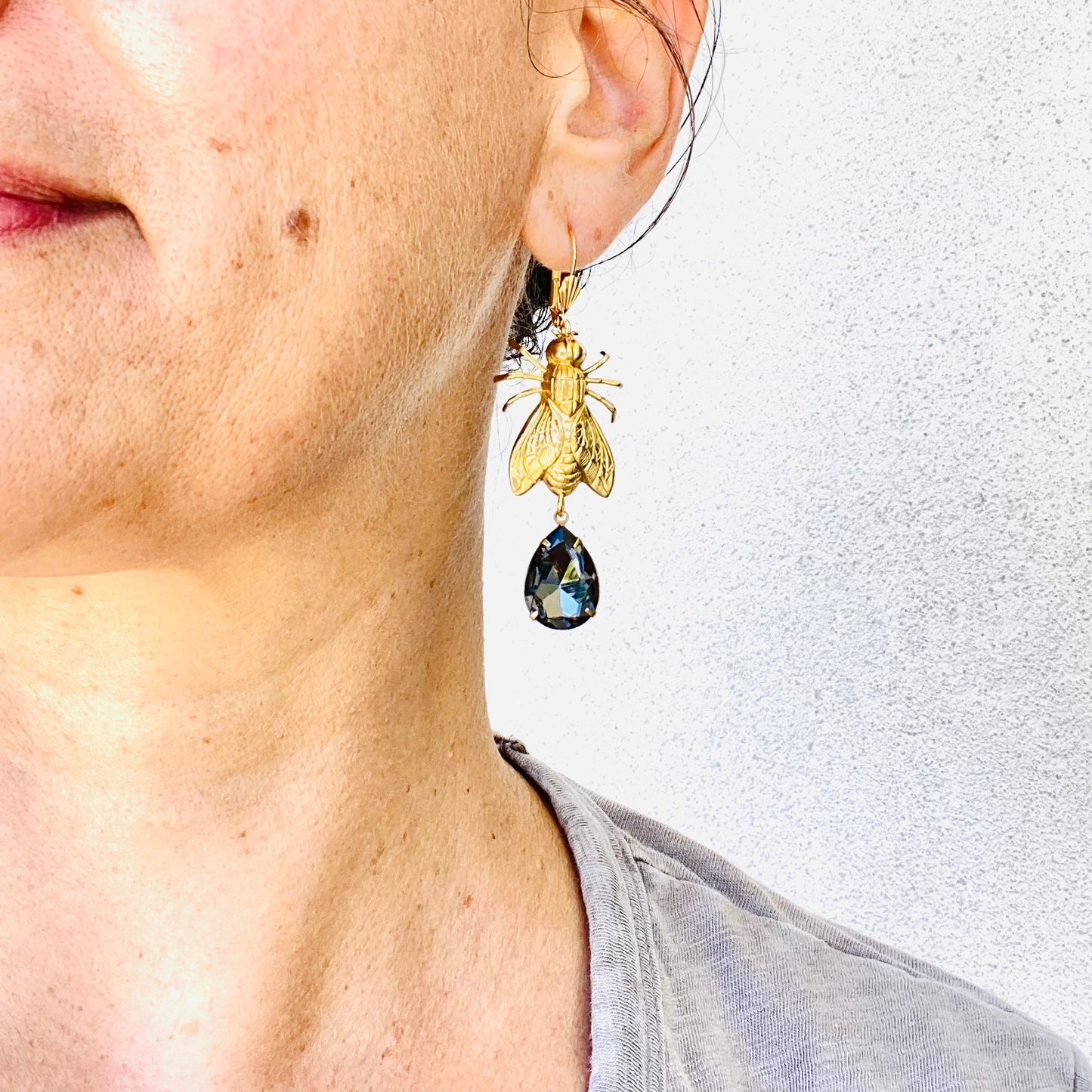 Brass Bee / Fly bug earrings with vintage gems