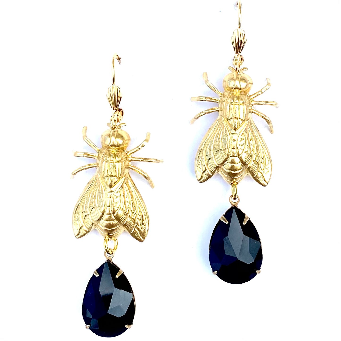 Brass Bee / Fly bug earrings with vintage gems