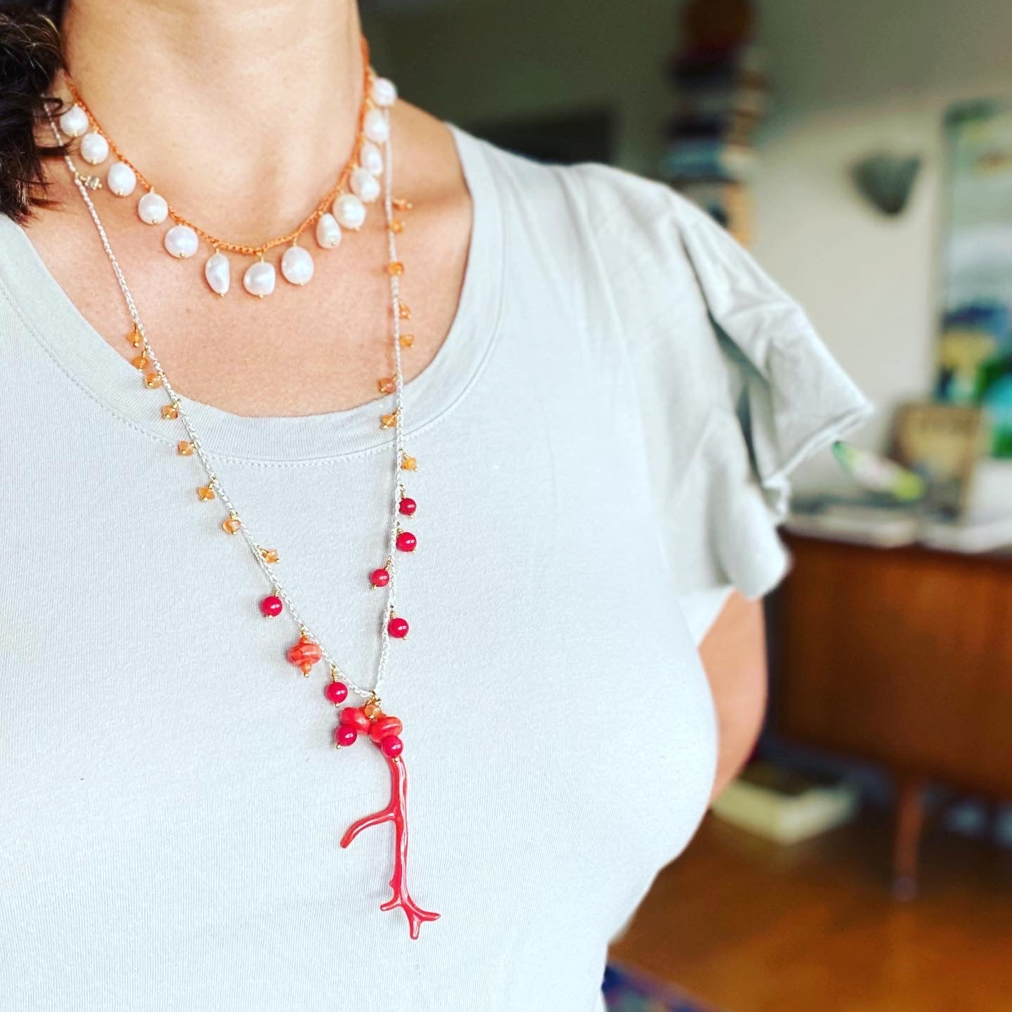 Italian coral branch crochet necklaces