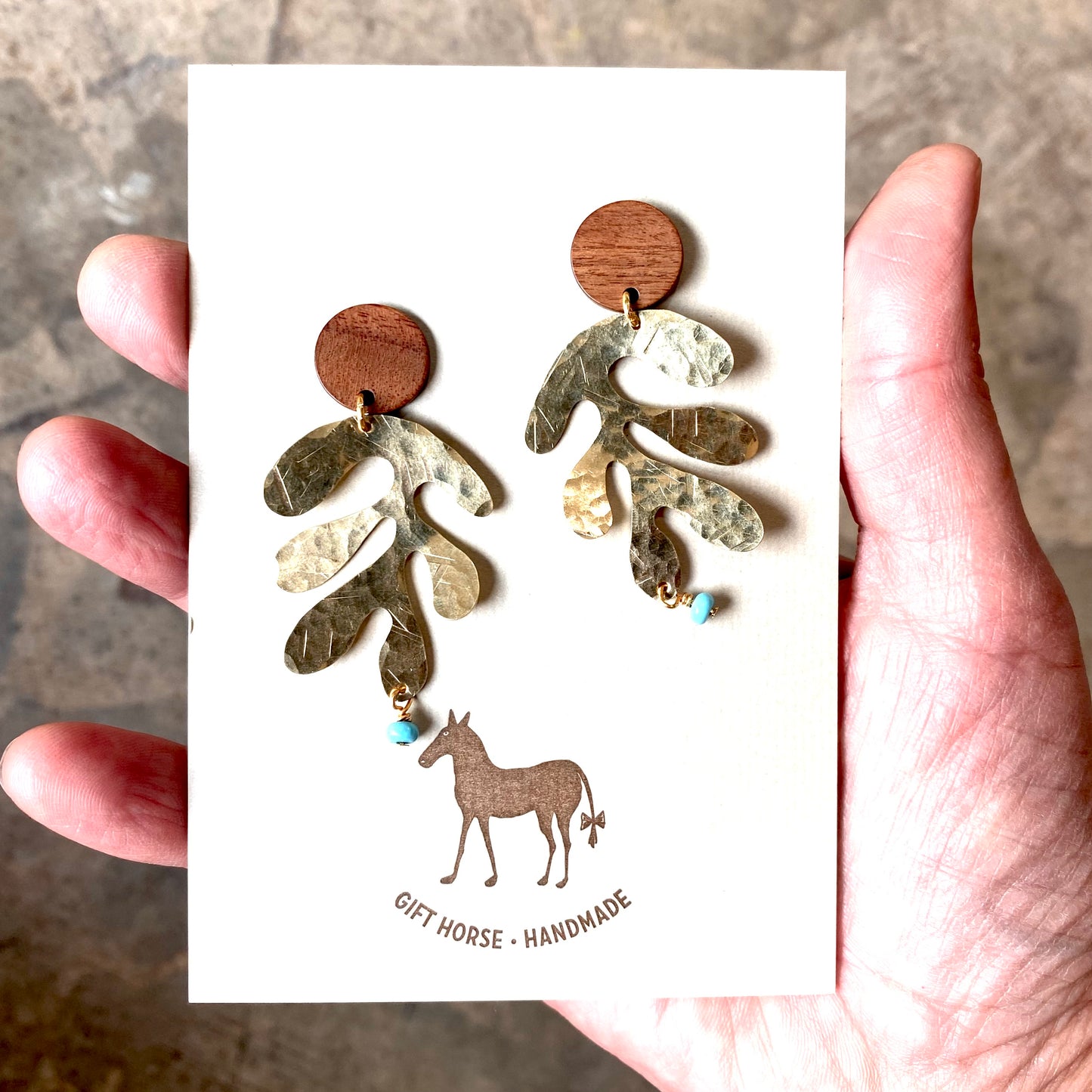 Large modern hand hammered leaf earring with wood stud & turquoise bead