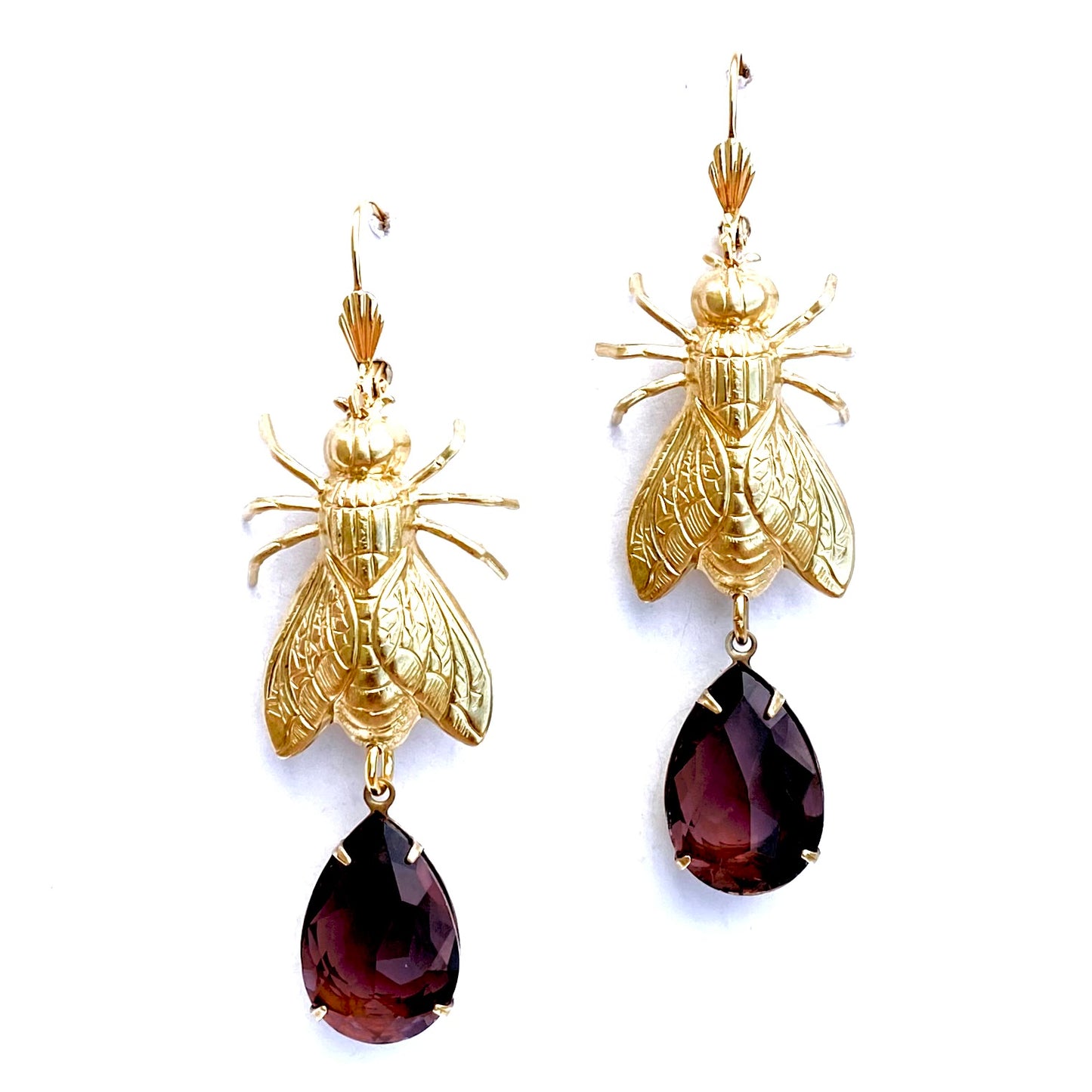 Brass Bee / Fly bug earrings with vintage gems