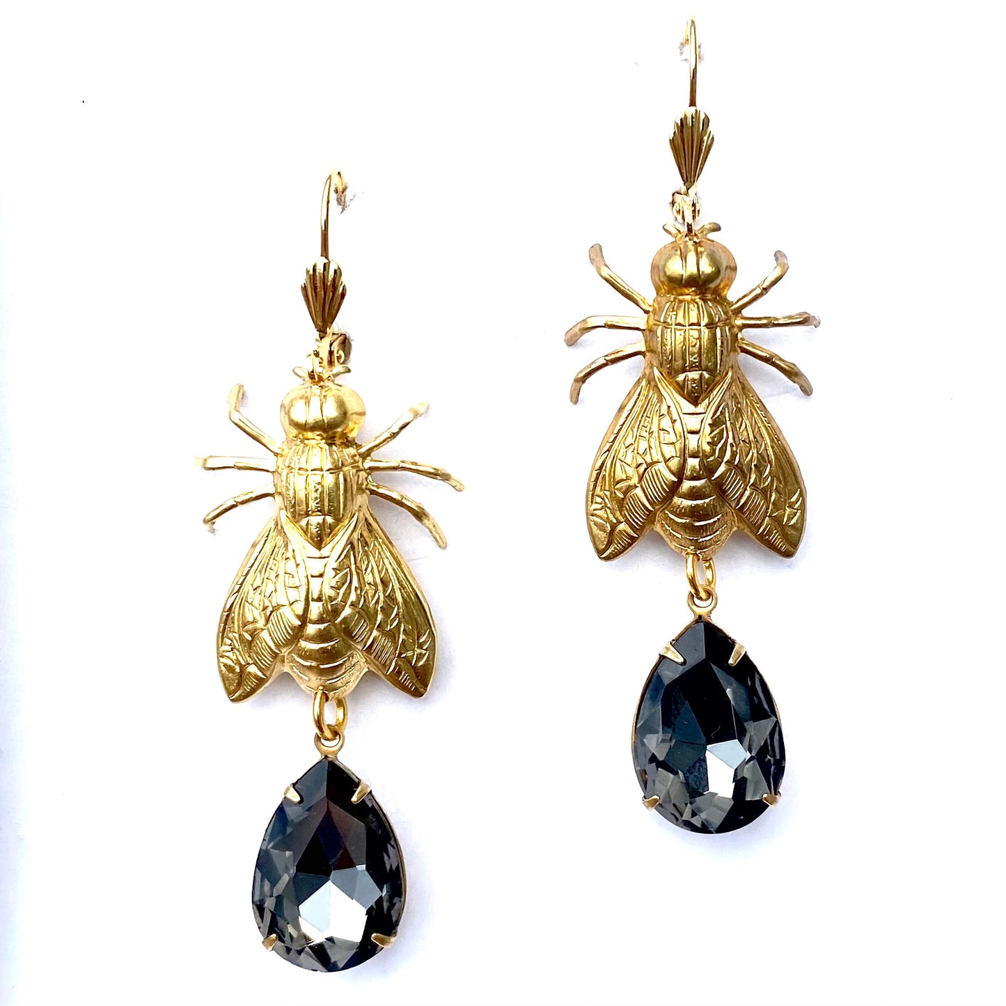 Brass Bee / Fly bug earrings with vintage gems