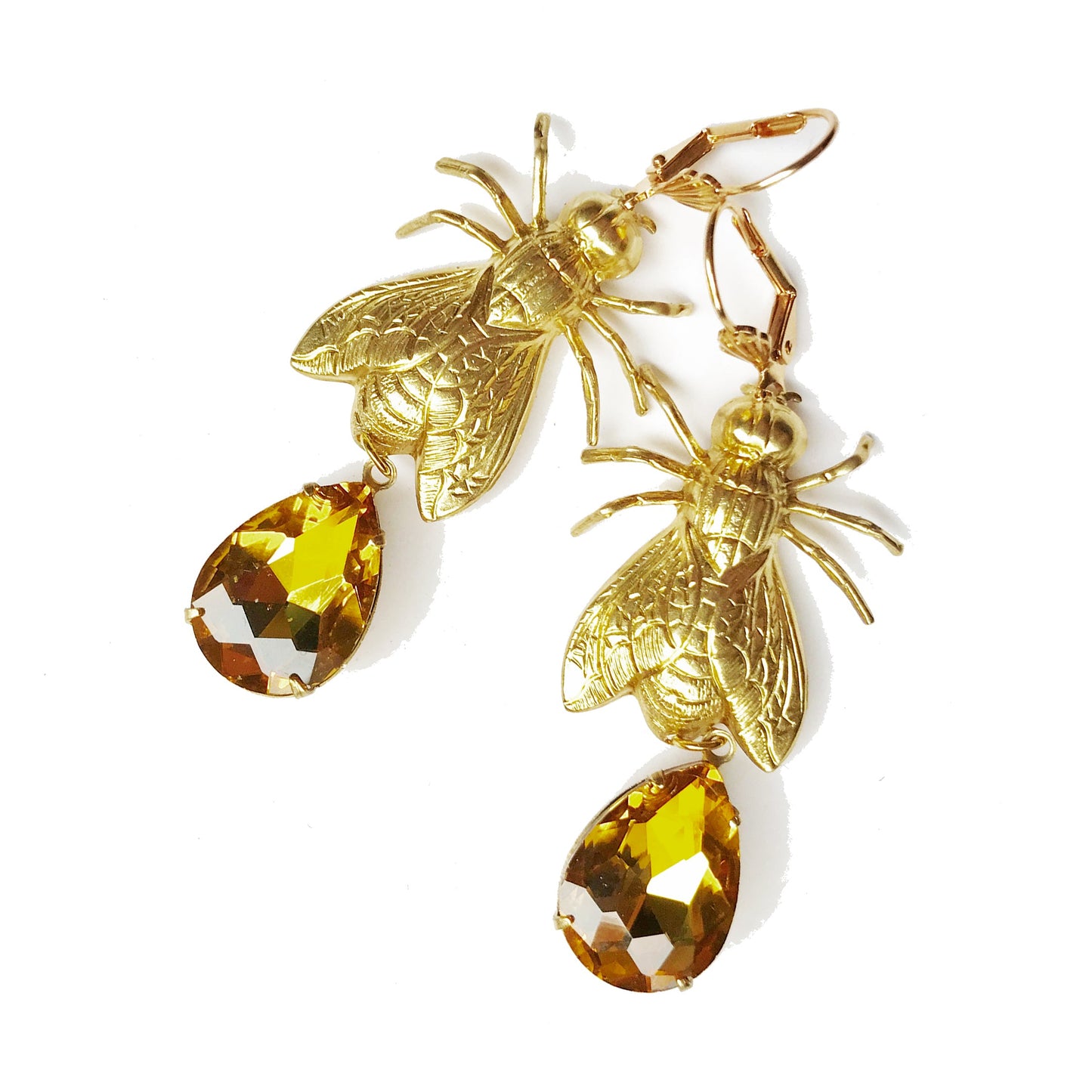 Brass Bee / Fly bug earrings with vintage gems