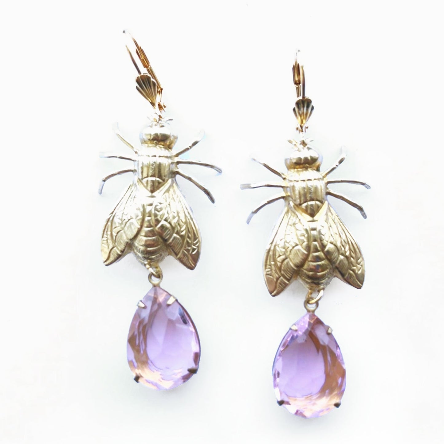 Brass Bee / Fly bug earrings with vintage gems