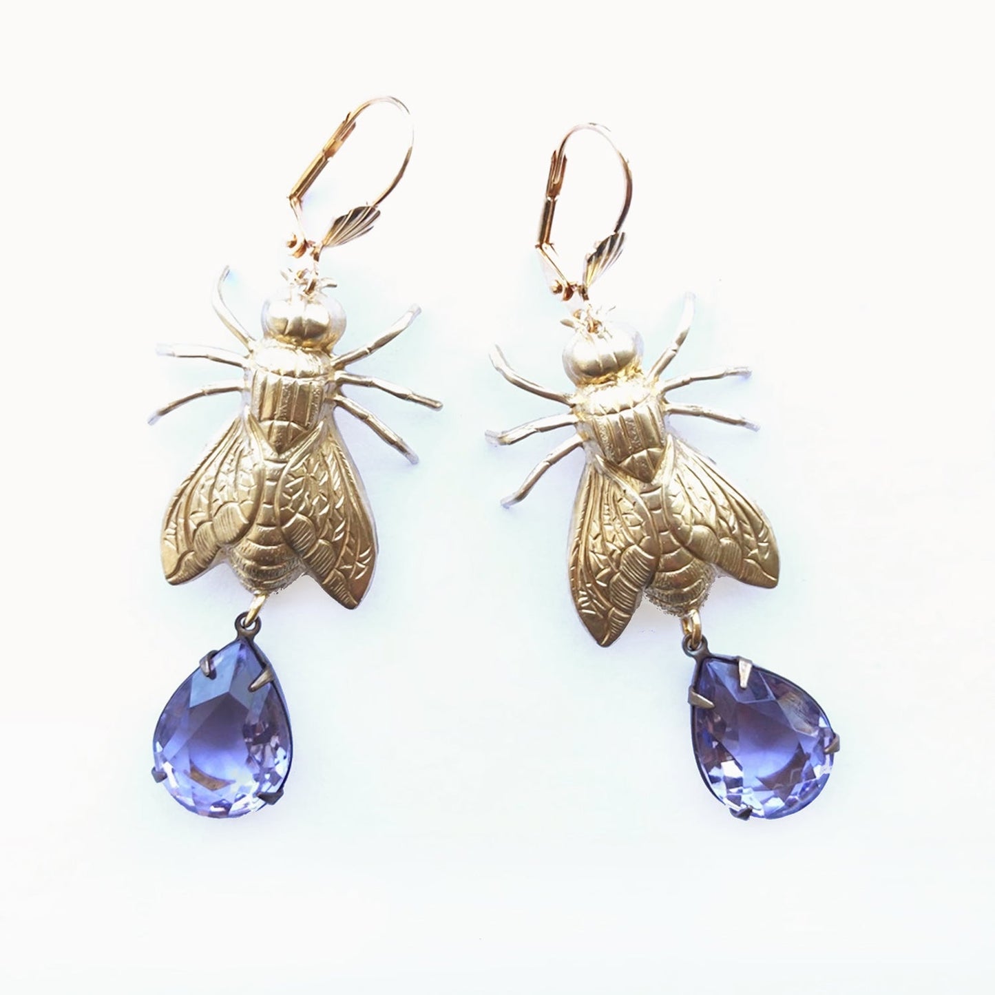 Brass Bee / Fly bug earrings with vintage gems