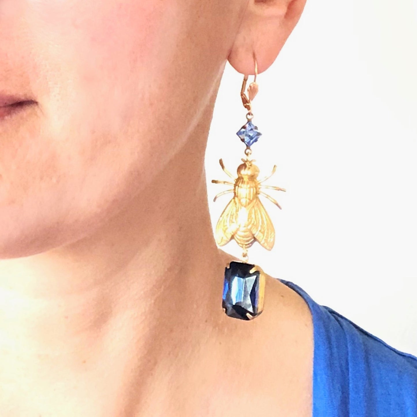 Brass Bee / Fly bug earrings with vintage gems