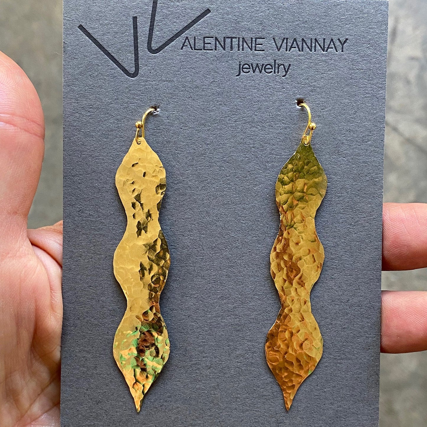 Modern hand hammered peas pod earrings
