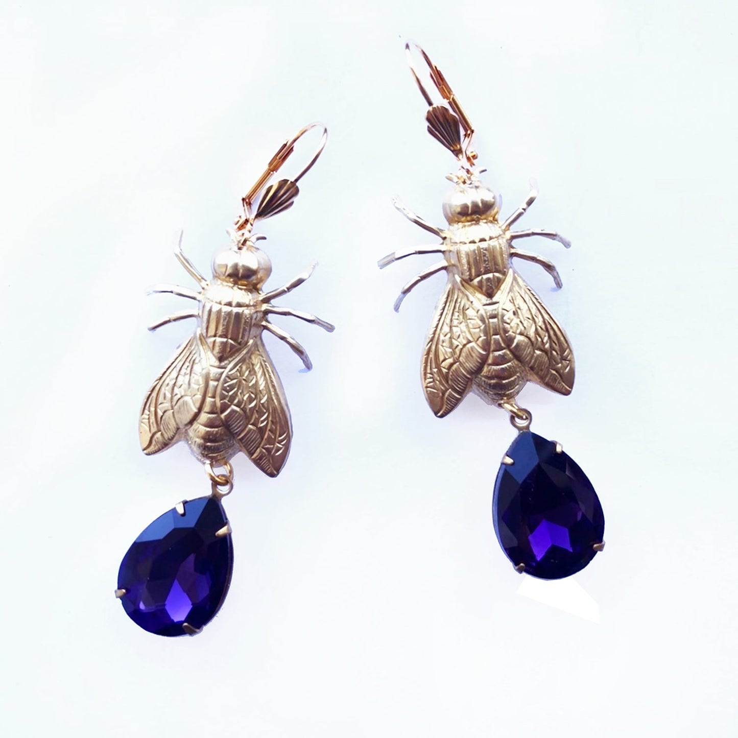 Brass Bee / Fly bug earrings with vintage gems