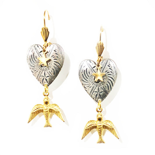 Vintage style heart & oval medallion with birds earrings