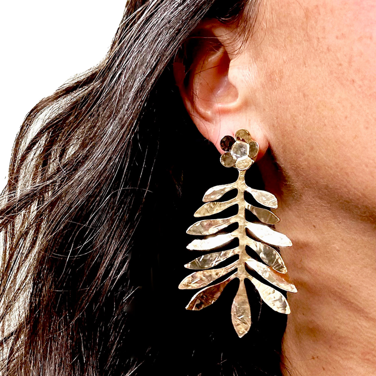 Large modern hand hammered olive leaf earring