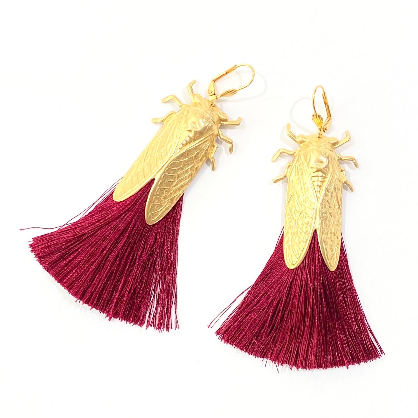 Cicada bug earrings with silky tassels