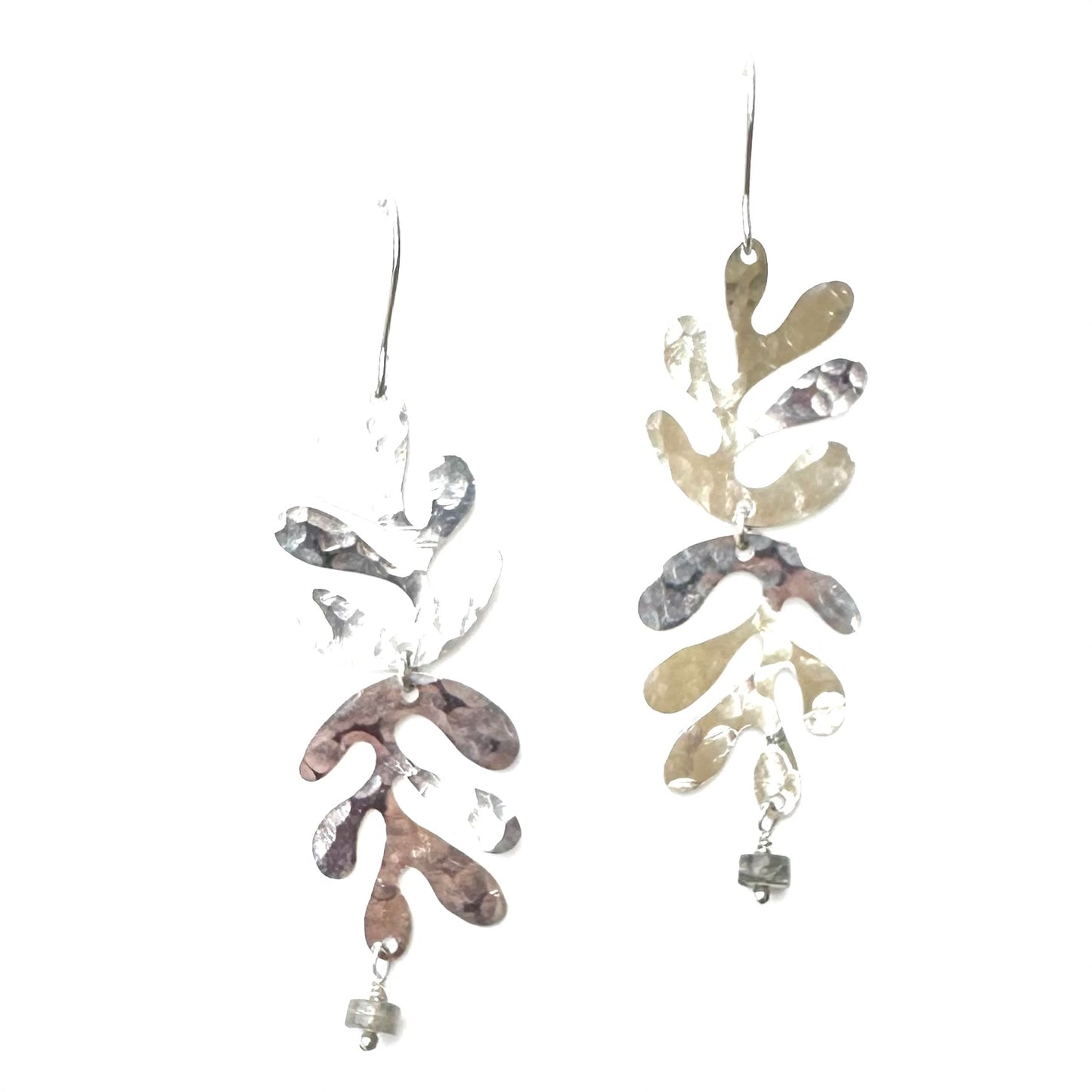 Modern hand hammered gold plated leaves with semi stone earrings