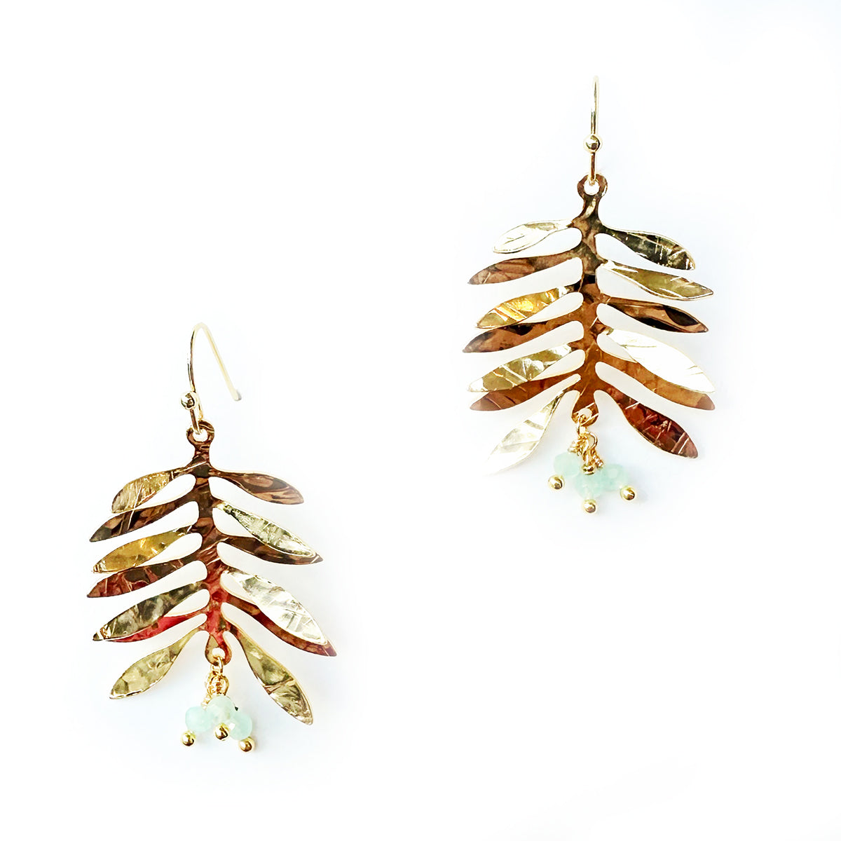 Small modern hand hammered olive leaf earring with beads