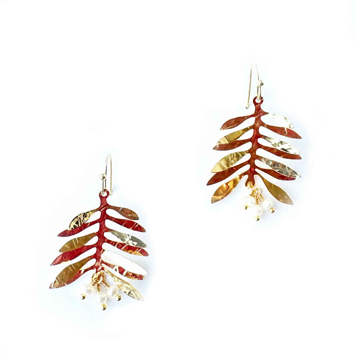 Small modern hand hammered olive leaf earring with beads