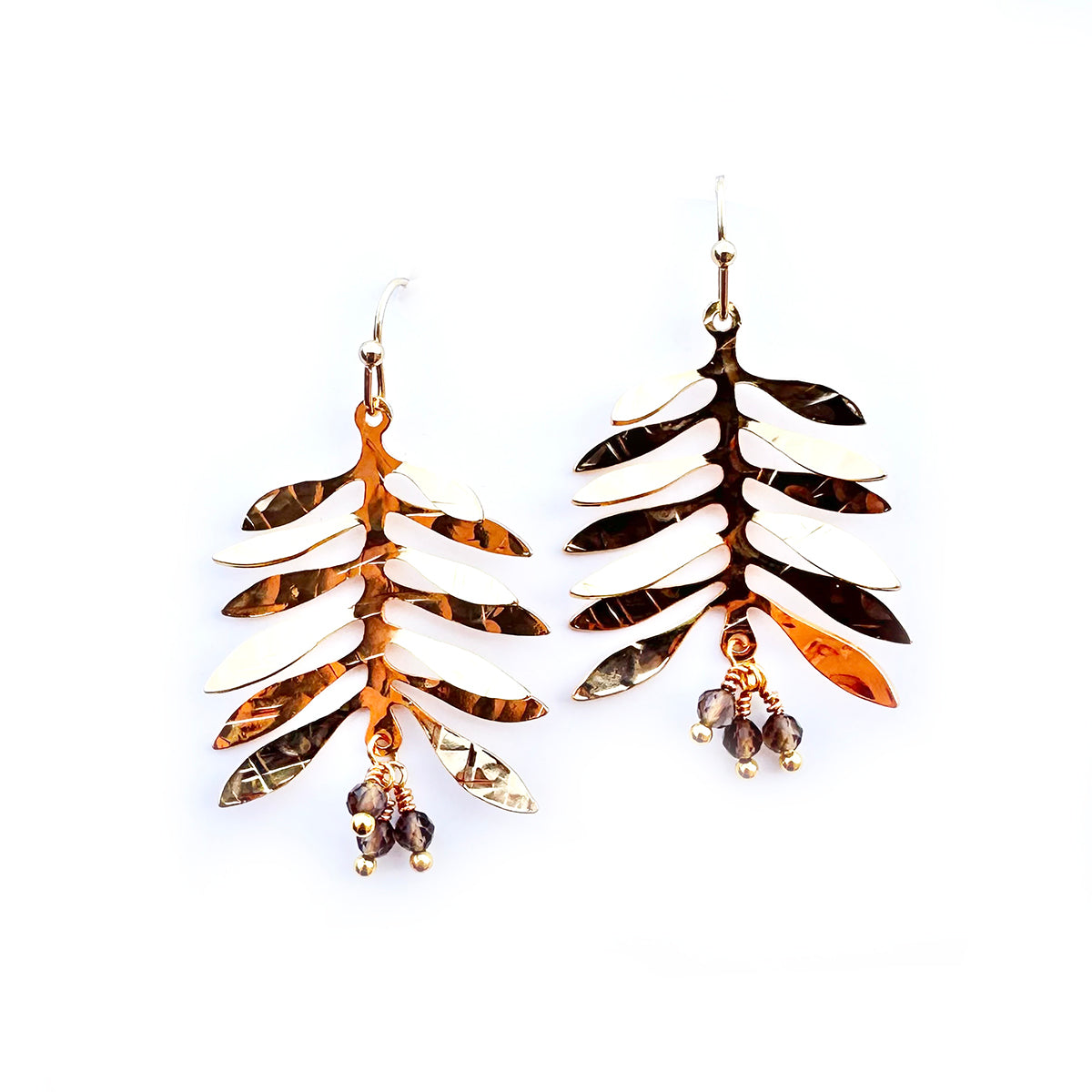 Small modern hand hammered olive leaf earring with beads