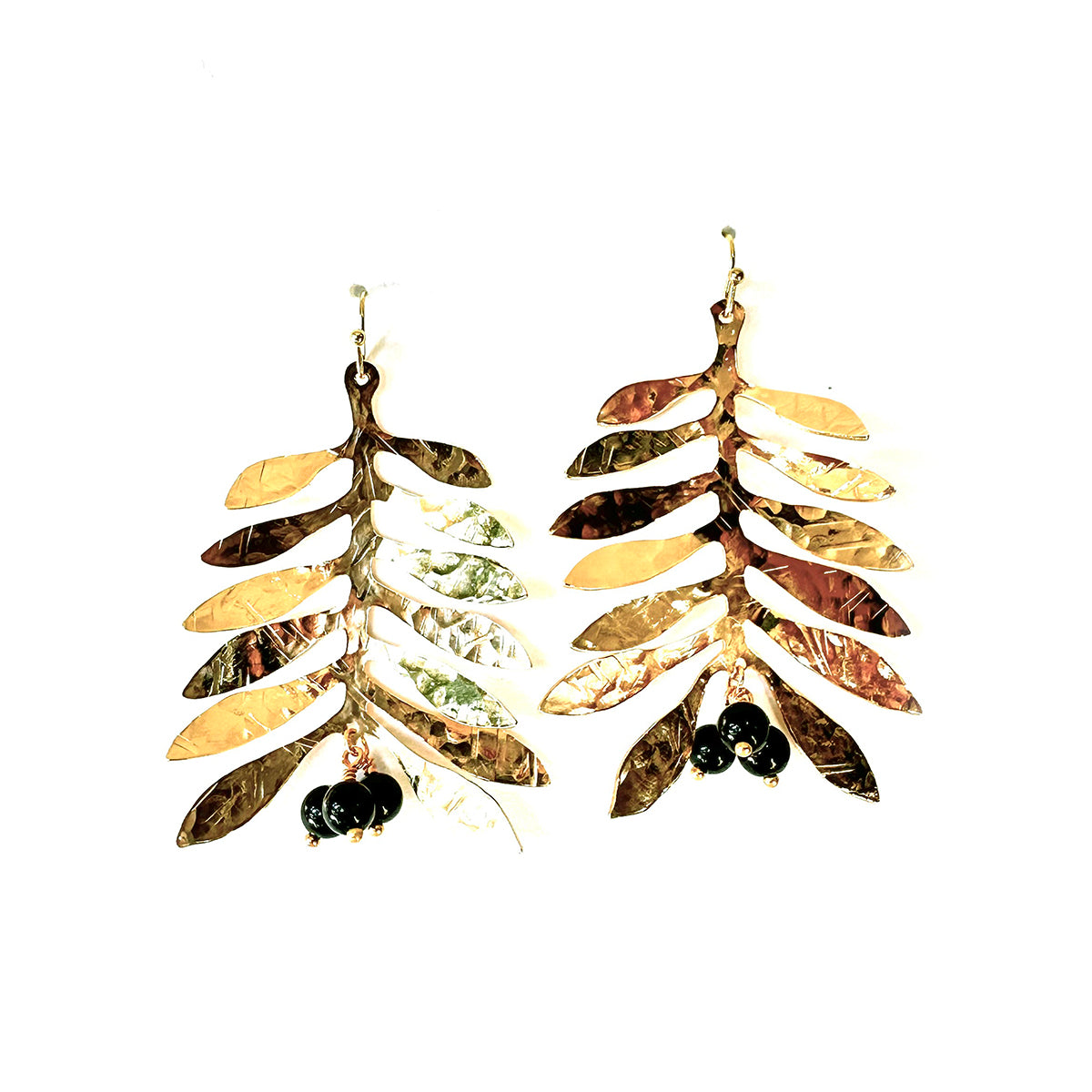 Large modern hand hammered olive leaf earring with beads