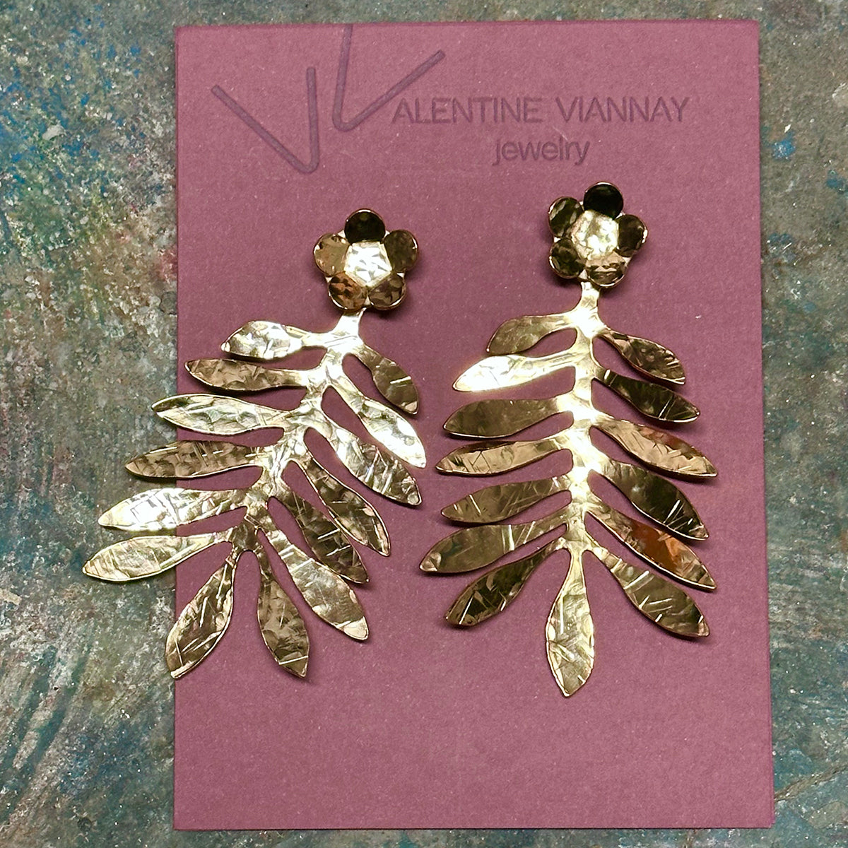 Large modern hand hammered olive leaf earring