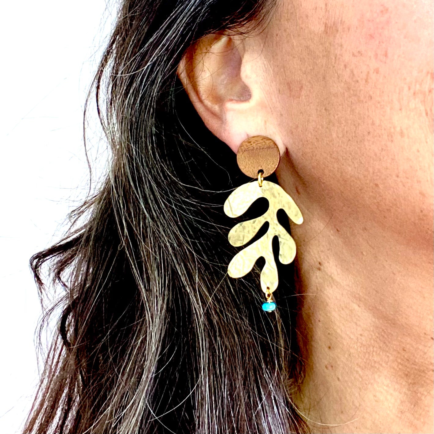 Large modern hand hammered leaf earring with wood stud & turquoise bead