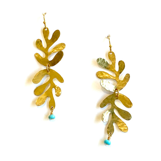 Modern hand hammered leaves with semi precious stone earrings