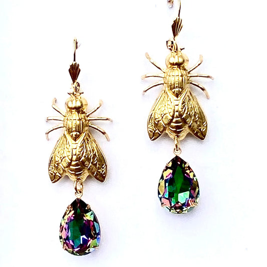 Brass Bee / Fly bug earrings  with vintage gems