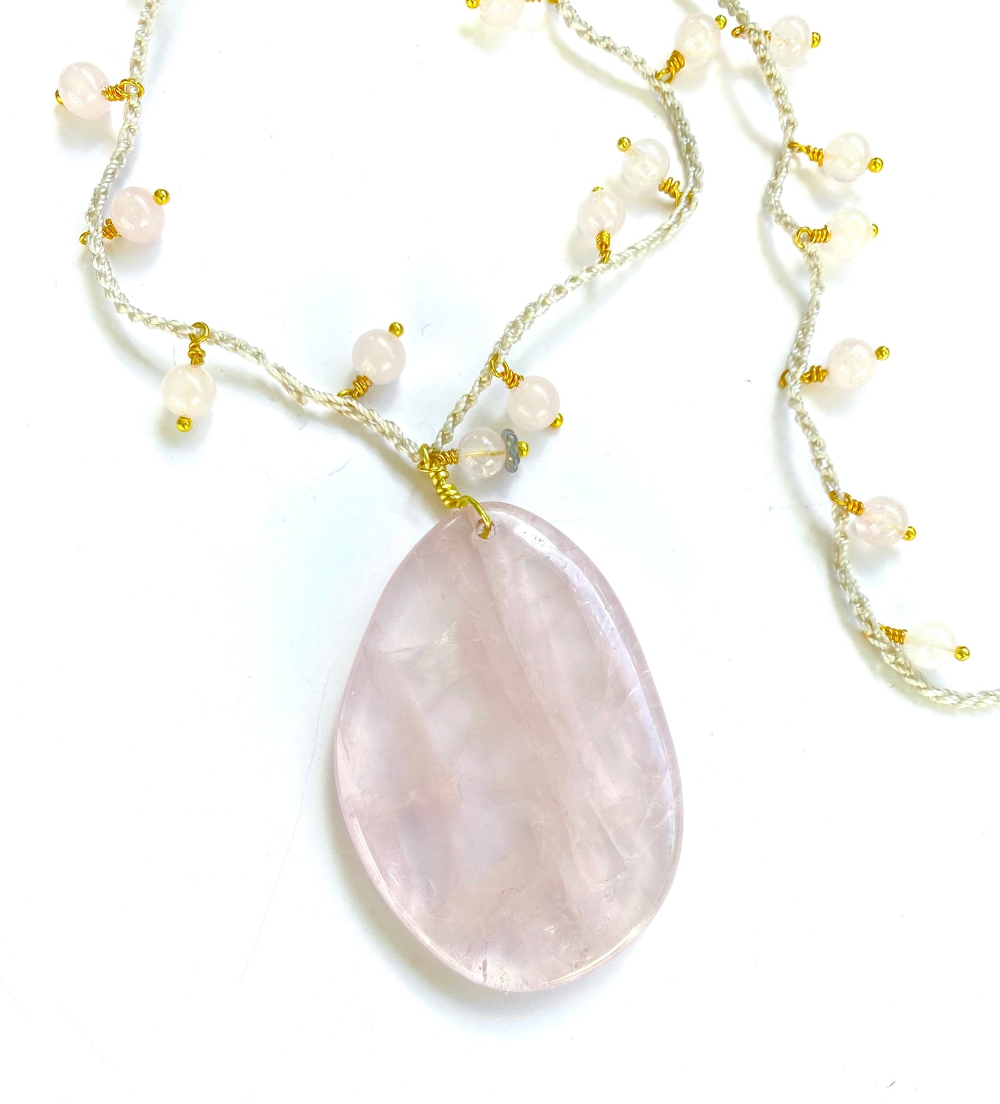 Rose quartz with hand crochet rose quartz beads necklaces