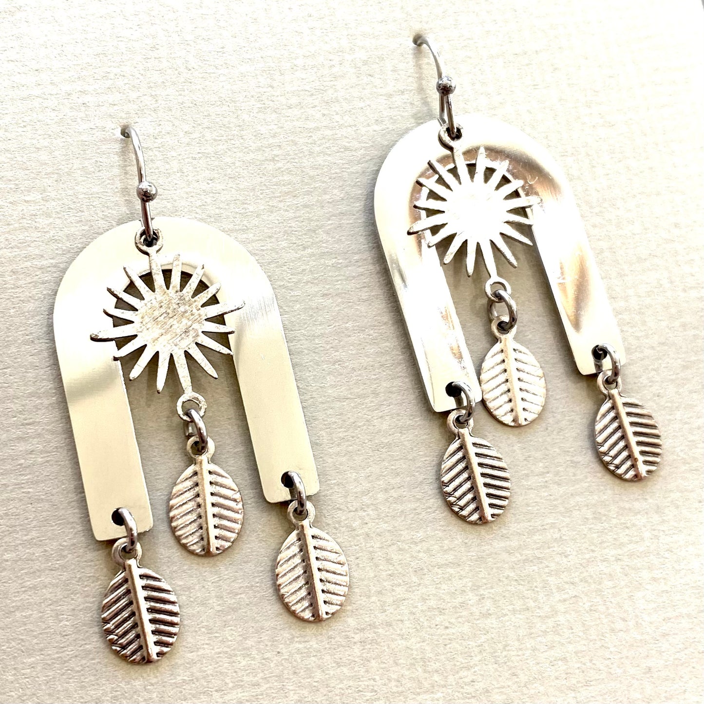 Sun and leaves hand hammered mobile earrings