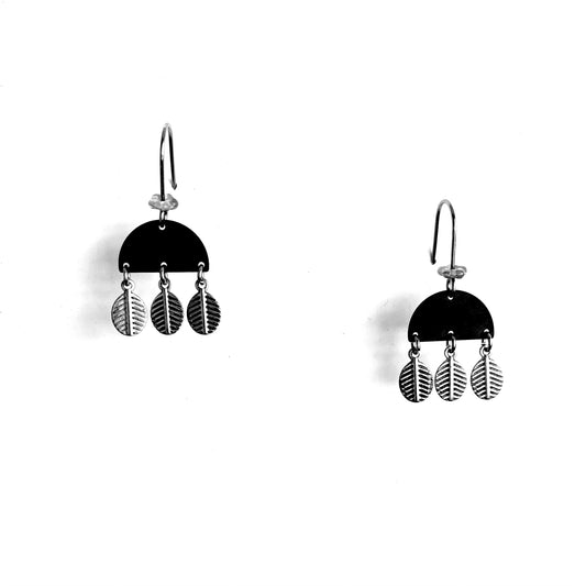 Black bell with dangly silver leaves earring