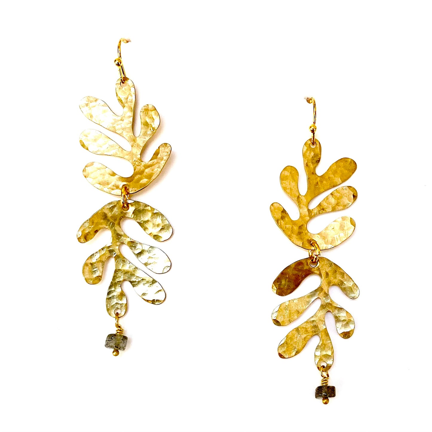 Modern hand hammered leaves with semi precious stone earrings
