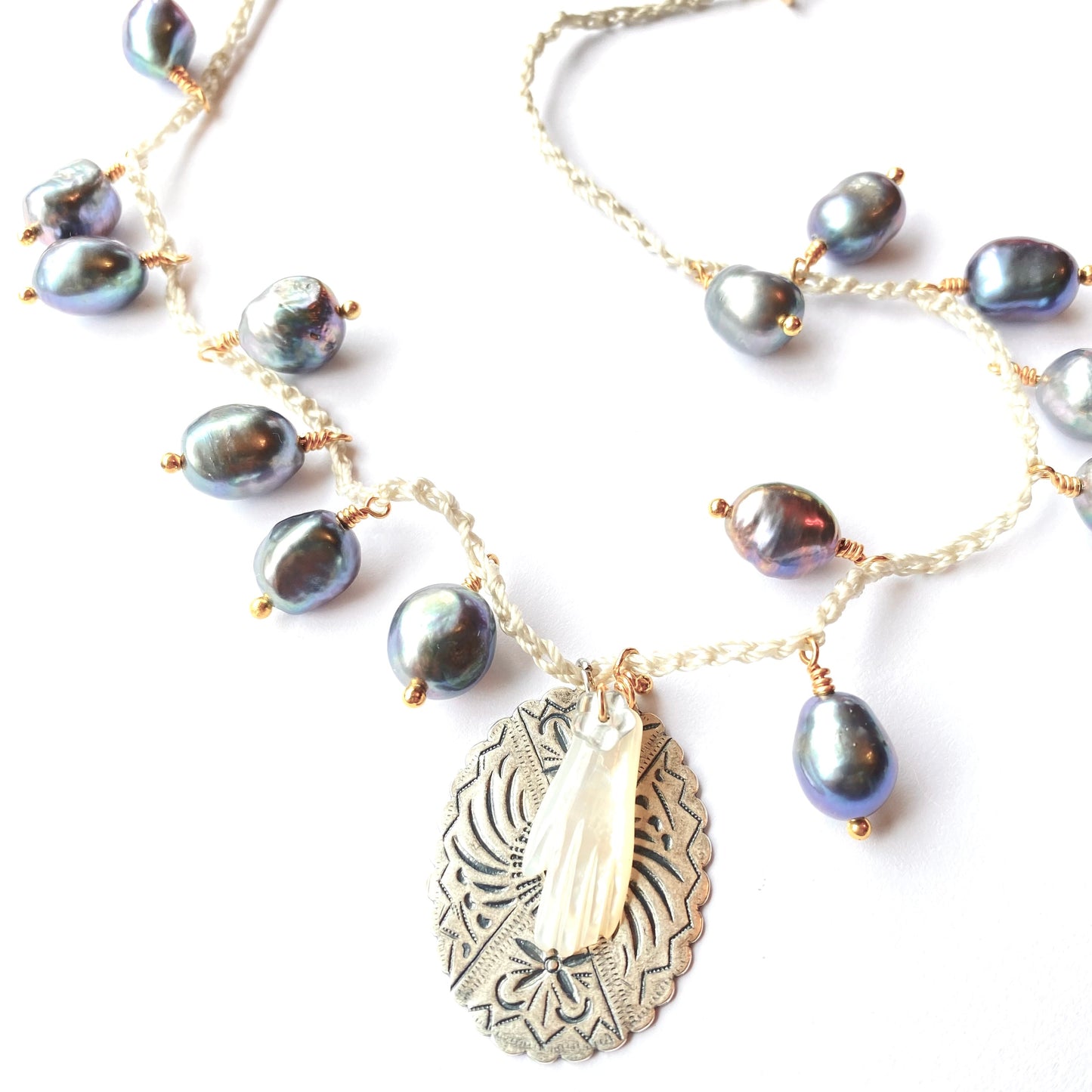 Mother of pearl hand with fresh water pearl crochet  necklaces