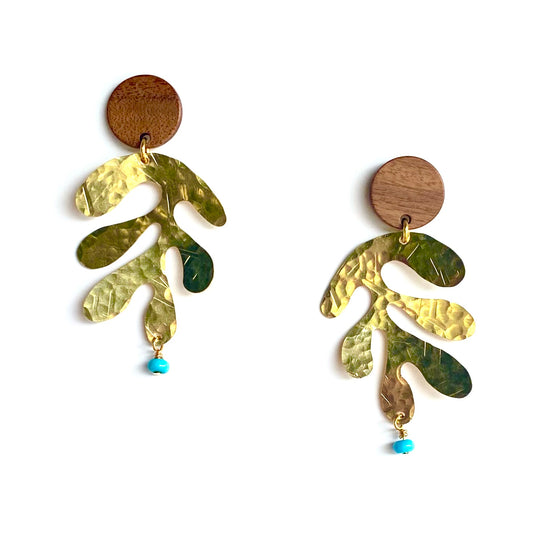 Large modern hand hammered leaf earring with wood stud & turquoise bead