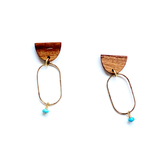 Modern hand hammered brass, wood & stone earrings