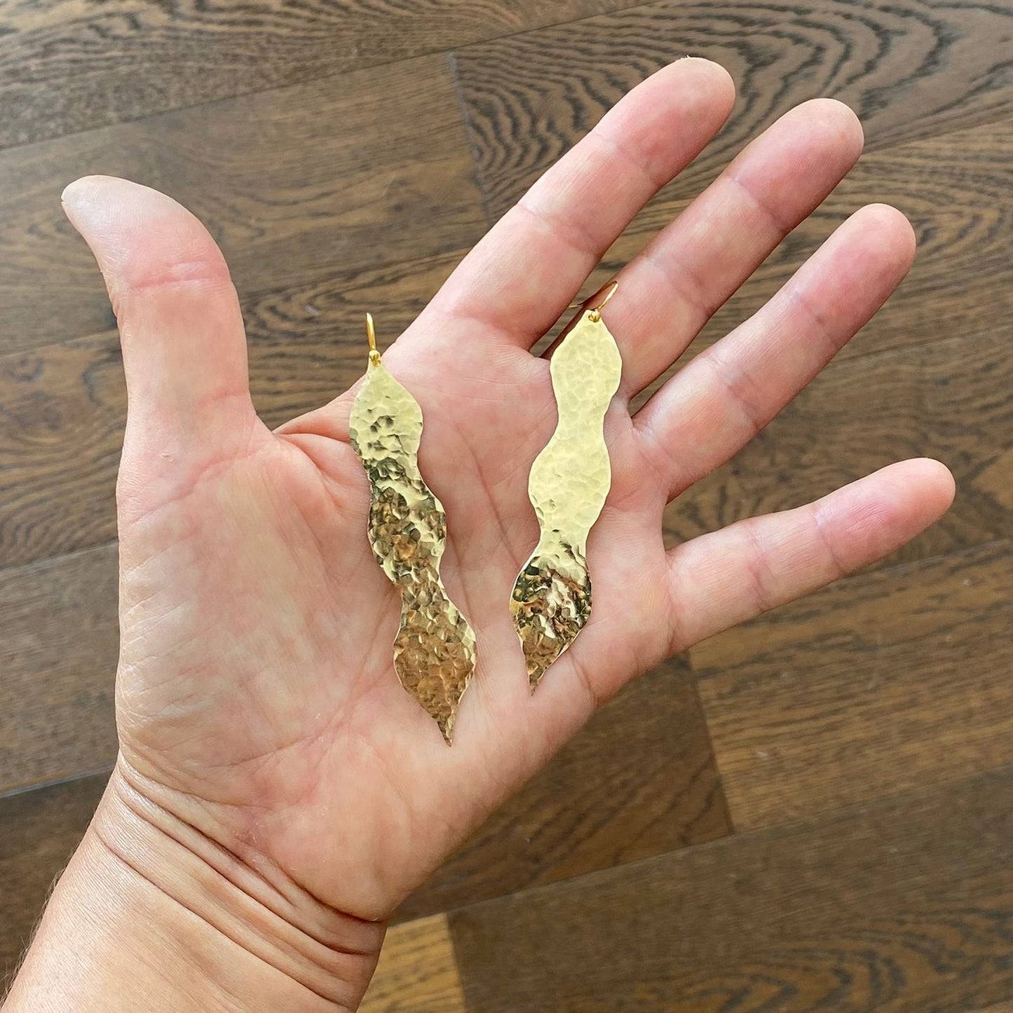 Modern hand hammered peas pod earrings