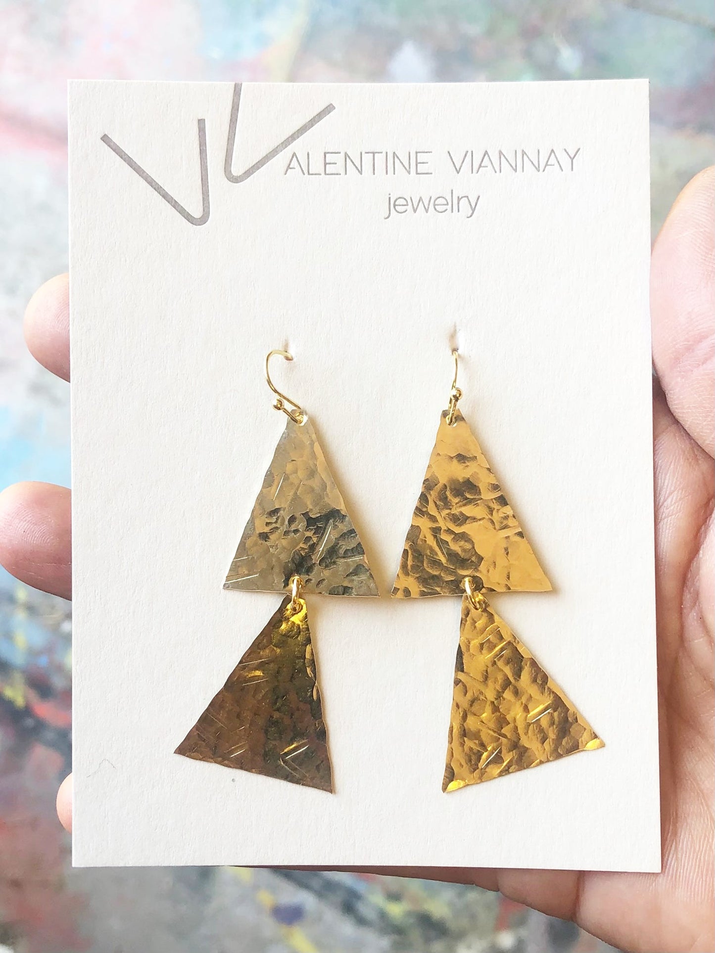 Modern hand hammered two Tribal triangles earrings
